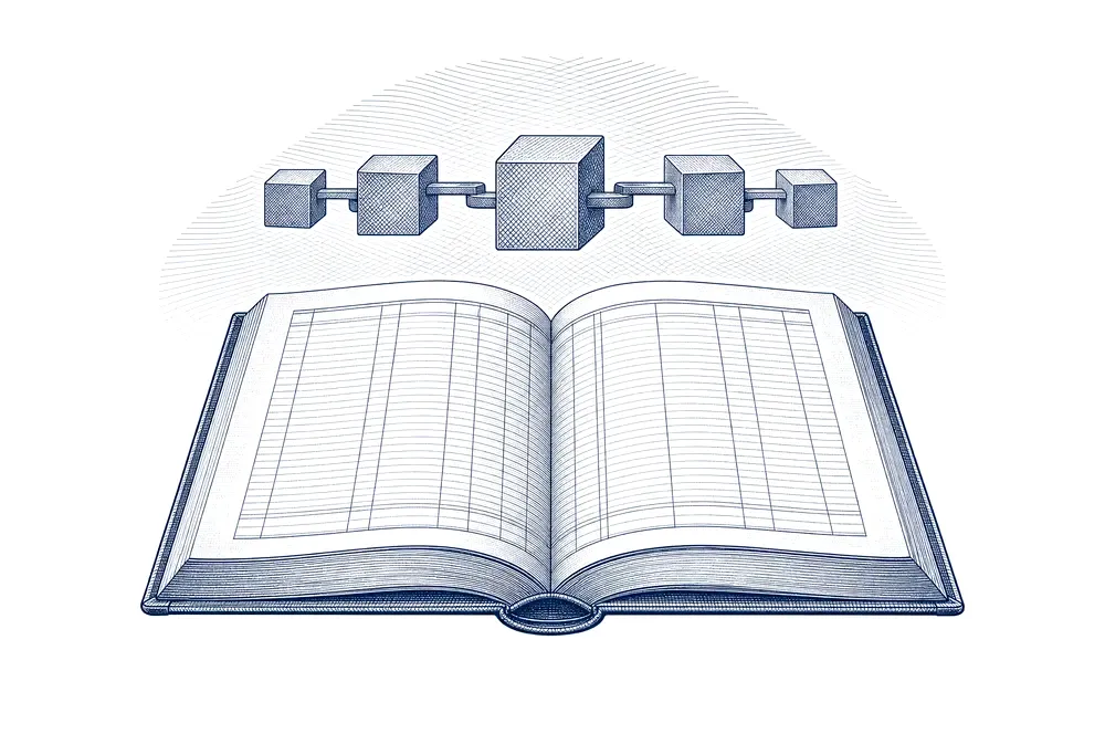 Engraved plate of an open share register with a chain of linked blocks above it